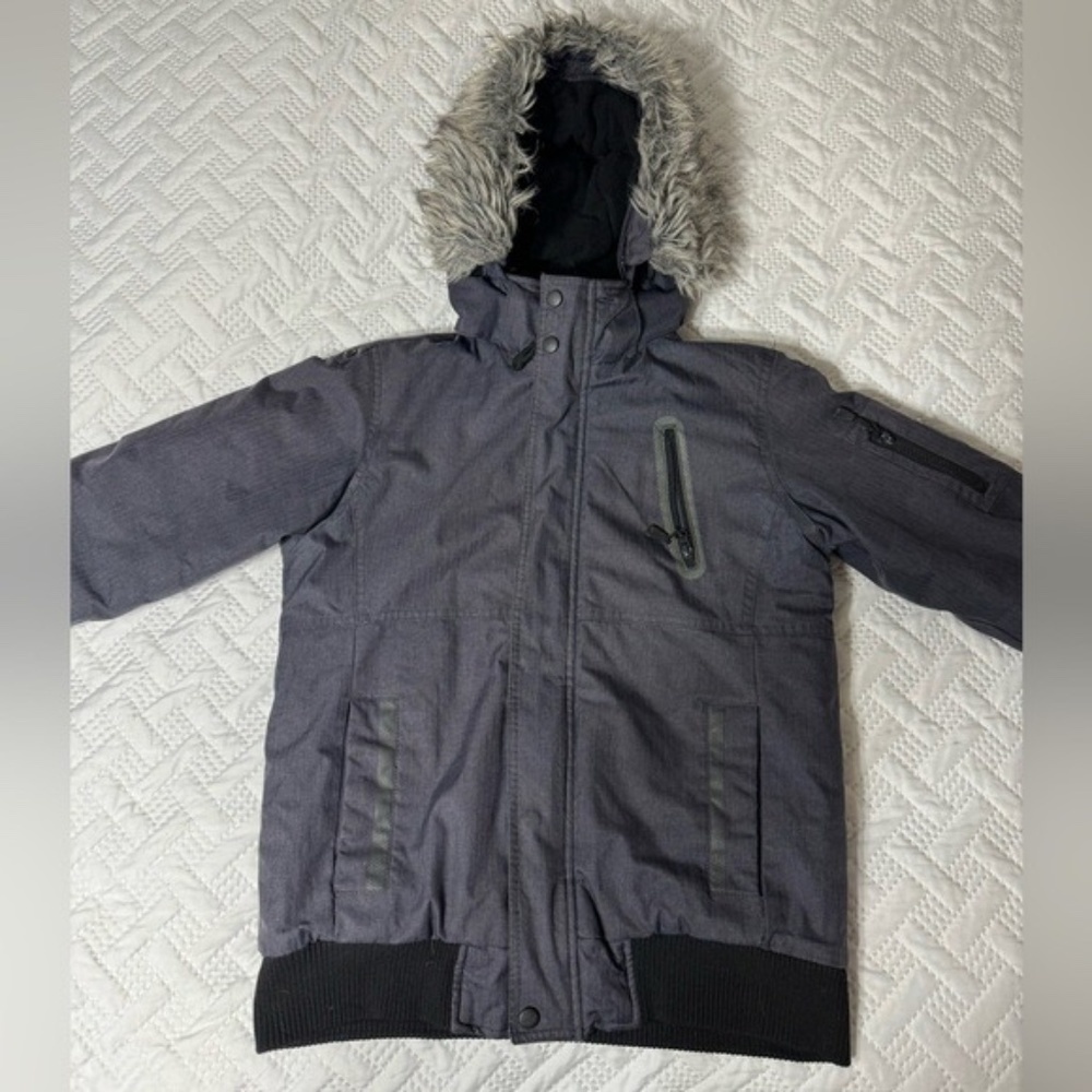 Mountain Ridge Grey Black Faux Fur Trim Preteen Youth Large Boy Winter Coat